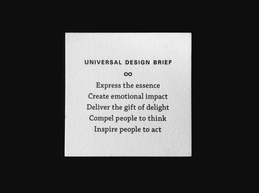 Letterpress card: Universal Design Brief — Express the essence, Create emotional impact, Deliver the gift of delight, Compel people to think, Inspire people to act
